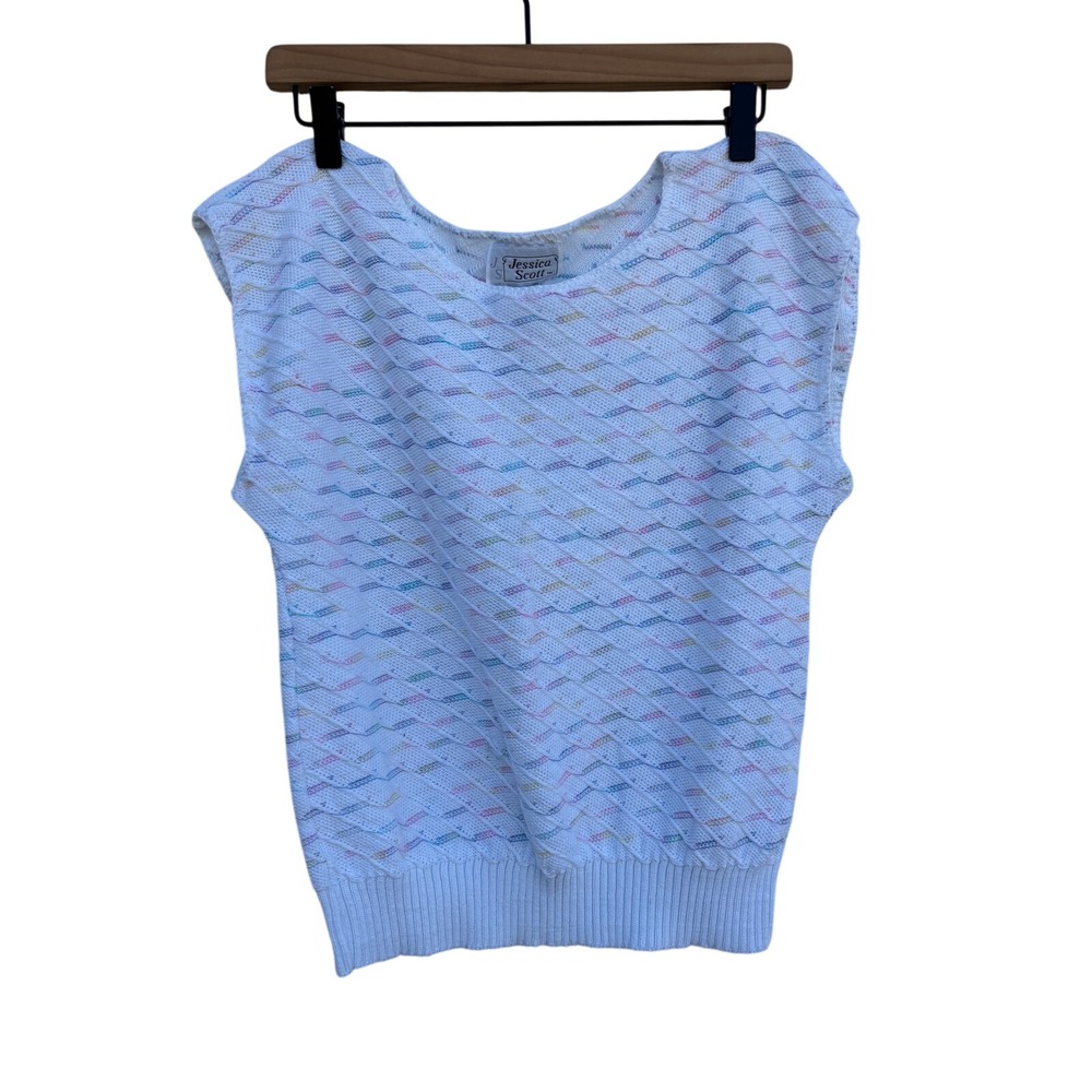 Vintage Jessica Scott Women White Pastel Rainbow Knit Sweater Vest Small